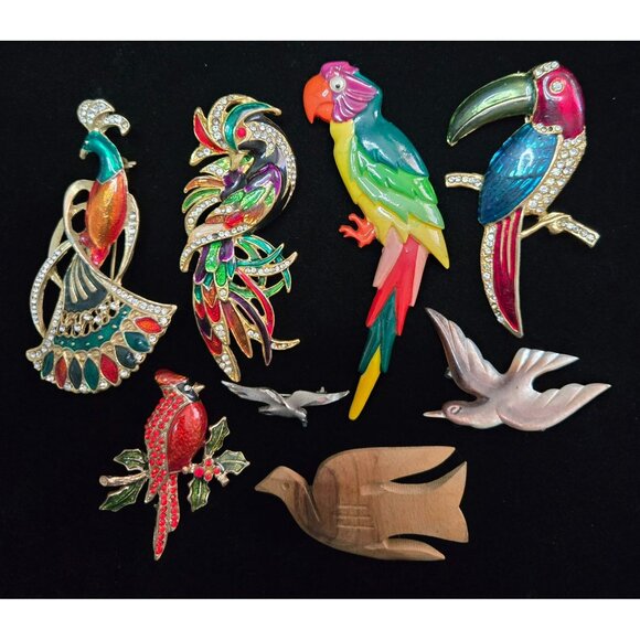Lot of 8 Bird Brooches, Vintage, Contemporary Peacock, Parrot, Cardinal, Dove, S - Picture 1 of 10